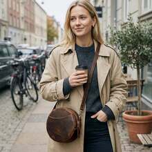 Bolsos cruzados de cuero para mujer S-ZONE, bolsos cruzados de diseño circular a la moda - Marrón oscuro - Ver 4