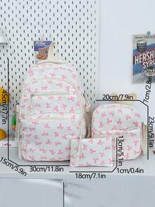 New Semester Student Backpack; Bow Print Backpack, Suitable For Elementary And Middle School Students - White - View 9