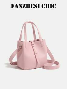 Fashion Solid Color Litchi Texture PU Mini Handbag, Dual Short Handles And Adjustable Detachable Crossbody Strap, Front Buckle Detail, Small Bucket Bag, Suitable For Young Girls And Sweet Style Lovers, Perfect For Coffee Dates, Weekend Shopping, City Walks And Daily Outings. - Pink - View 2
