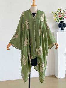 1件優雅設計花卉圖案波希米亞風刺繡開襟披肩女款和服/圍裙，春夏海灘度假防曬罩衫，刺繡開襟衫，時尚百搭輕盈奢華裝飾，適合日常穿著，禮物首選 - 綠色 - 查看 2