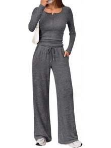 Trendy Queen - Conjunto de 2 piezas a juego para mujer, trajes de otoño a la moda, cuello henley, suéter de pierna ancha, pantalones de chándal - Gris Oscuro - Ver 7