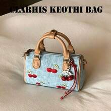 Cherry Embroidered Fabric Tote Bag With Soft Fabric Material And Durable PU Trim, 3D Cherry Embroidery With Matching Pendant For Sweet Atmosphere, Metal Hooks On Both Sides For Detachable Long Shoulder Strap, Suitable For Young Women, Teachers, Casual Shopping And Short Trips - Brown - View 6