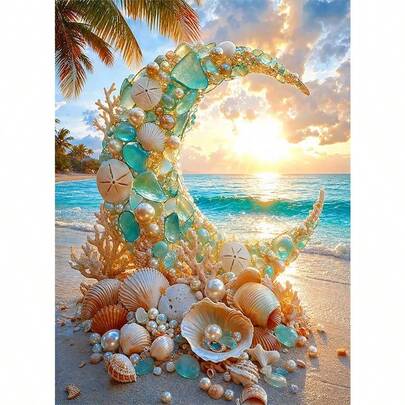 1PC | 5D DIY Diamond Painting | Crescent Moon Coast Landscape Diamond Painting Kit, Full Drill Mosaic Craft Set. High-Definition Art Diamond Painting. Gift Diamond Painting, Focus And Relax Through DIY, Suitable For Living Room, Bedroom, Office Wall Decor Hanging Painting, Surprise Home Decor Gift For Family And Friends, Unframed [30*40cm/11.8*15.7in][40*50cm/15.7*19.7in]