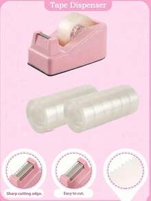 1 Set 7pcs Pink Tape Dispenser (1 Cutter + 6 Rolls Of Clear Tape), Used For Office, Home, School Clear Gift Wrapping Tape - A - View 4