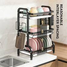 Escurreplatos de acero inoxidable resistente de 3 niveles para sobre el fregadero, organizador de encimera de cocina antideslizante, de gran capacidad y resistente a la corrosión, con escurridor extraíble y soporte para utensilios, cuchillos, vasos y tabla de cortar, ahorra espacio y es fácil de limpiar | Organizador Cocina Kitchen Essentials - Negro (versión engrosada) - Ver 5