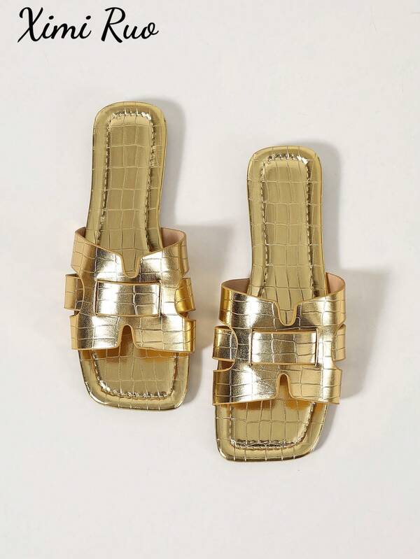 Ximi Ruo New H-Shaped Slippers, Women's Fashion Casual Roman Style Slip-On Sandals, Comfortable Flat Slides, Black/Beige/Brown, Blogger Recommended, Desert Key, French Elegant Rhinestone Thick Bottom Wedge Sandals, Beach Shoes, Minimalist Indoor Outdoor Flip Flops,Summer Outfits