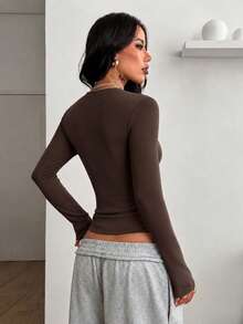 Women's Slim Fit V-Neck Blouse, Second Skin Shapewear, Versatile Elegant Casual Fashion - 黑白咖啡 - 查看 4