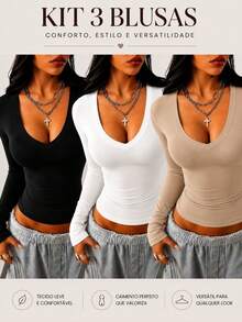 Women's V-Neck Shaping Blouse - Slim Fit, Second Skin Style, Versatile, Elegant, Casual, And - 黑白米色 - 查看 1