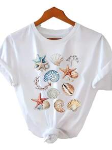 Women's Summer Beach T-Shirt With Tropical Sea Star Shell Coral Reef Print Light Beige Casual Crew Neck Blouse Vacation Outfits - Black - View 3