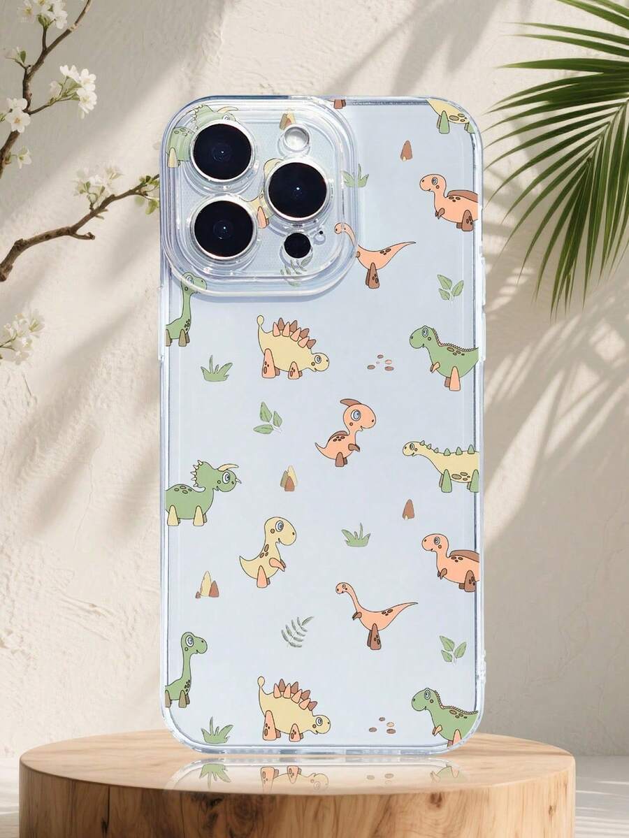 1PC Funda con diseño de dinosaurios cartoon, estilo natural retro, detalles con hojas y montañas, funda de TPU transparente, protección completa para lente, compatible con iPhone 17/16/15/14/13/12/11/Pro/ProMax, compatible con Galaxy A54/S24 Ultra/Plus, compatible con Moto/Galaxy/Redmi/Honor/OPPO - Transparente B - Ver 1