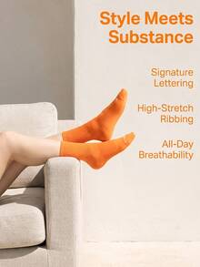 Calcetines holgados acanalados de unicolor con estampado en inglés, suaves y sin presión, estilo callejero dopamina, versátiles para fitness y desplazamientos, calcetines de pantorrilla - Naranja - Ver 3