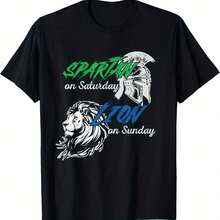 Cotton Crew Neck T-Shirt For Men - Spartan And Lion Graphic Short Sleeve, Knit Fabric, Regular Fit, Casual Style, All-Season Wear, Slight Stretch - Black - View 6