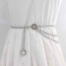 Cadena de Cintura Metálica para Mujer con Decoración para Vestido, Cinturón Delgado Ajustable - Blanco, Plata - Ver 2