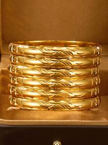 1/3/6pcs Sand Gold Exquisite Handmade Carved Wings & Stars 24K Gold Plated 8mm Wide Women's Bracelet, No Gift Box - Gold - View 1