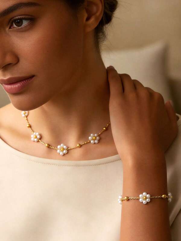 Ensemble de 2 pièces collier et bracelet en acier inoxydable avec fleur pour femmes, bijoux minimalistes délicats, cadeau pour anniversaire, Saint-Valentin, Fête des Mères, fête