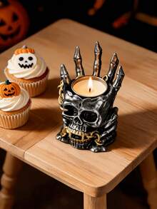 1 pieza Portavelas de mano de esqueleto gótico, decoración de Halloween con vela de té encendida, cadena espeluznante y dedos de hueso, centro de mesa de terror para fiesta en casa o casa embrujada - A - Ver 5