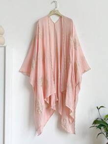 1pc Elegant Floral Pattern Bohemian Style Embroidered Split Shawl Women's Kimono, Sarong Spring/Summer Outerwear Beach Vacation Sun Protection UV Protection Embroidered Cardigan Fashion Versatile Luxury Decorative Suitable For Daily Matching Gift Choice - Pink - View 7