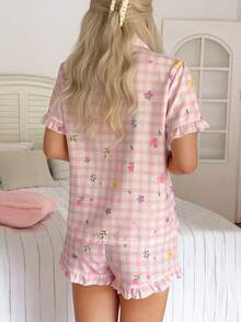 Women's Pink Plaid Floral Print Single-Breasted Ruffle Short Sleeve Top And Shorts Casual Pajama Set - Pink - View 2