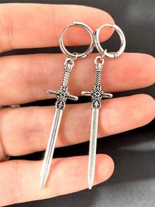 2pcs/Set Gothic Punk Rock Style Personalized Pendant Earrings Y2K Vintage Design Silver Sword-Shaped Earrings Unisex - Ancient Silver Sword - View 5
