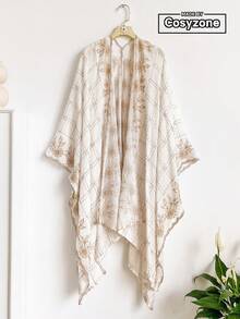 1pc Elegant Plaid Floral Pattern Bohemian Style Embroidered Split Shawl Women's Kimono, Sarong Spring/Summer Outerwear Beach Vacation Sun Protection UV Protection Embroidered Cardigan Fashion Versatile Luxury Decorative Suitable For Daily Wear Gift Choice - White - View 1