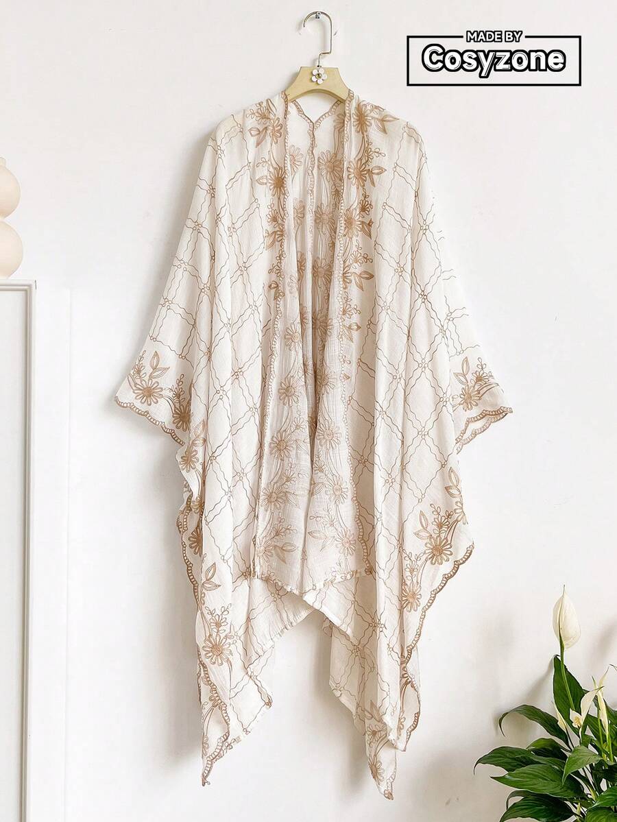 1pc Elegant Plaid Floral Pattern Bohemian Style Embroidered Split Shawl Women's Kimono, Sarong Spring/Summer Outerwear Beach Vacation Sun Protection UV Protection Embroidered Cardigan Fashion Versatile Luxury Decorative Suitable For Daily Wear Gift Choice - White - View 1