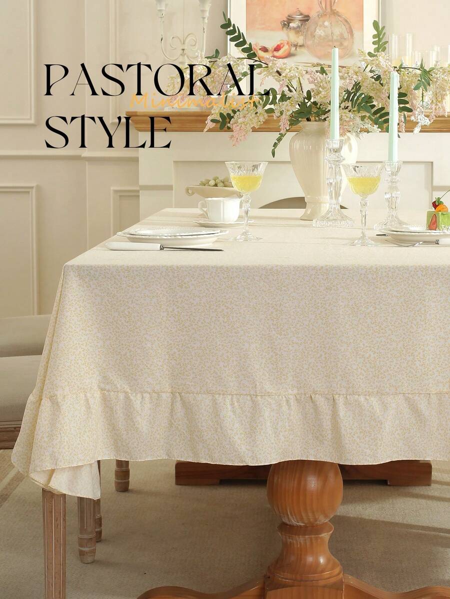 1pc Pastoral Ditsy Floral Ruffle Edge Tablecloth, Farmhouse Style, Suitable For Dining Table Decor, Picnic Tablecloth, Holiday Celebration, Party Gathering, Birthday Banquet, Daily Dining Table, Kitchen & Dining Room Decor, All Seasons, Home Decor - Light Yellow - View 1