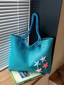 Summer Beach Bag, Straw Woven Large Capacity Women's Handbag, Decorated With Sunflowers And Starfish, Perfect For Beach Vacation, Shopping And Dating - Blue - View 4