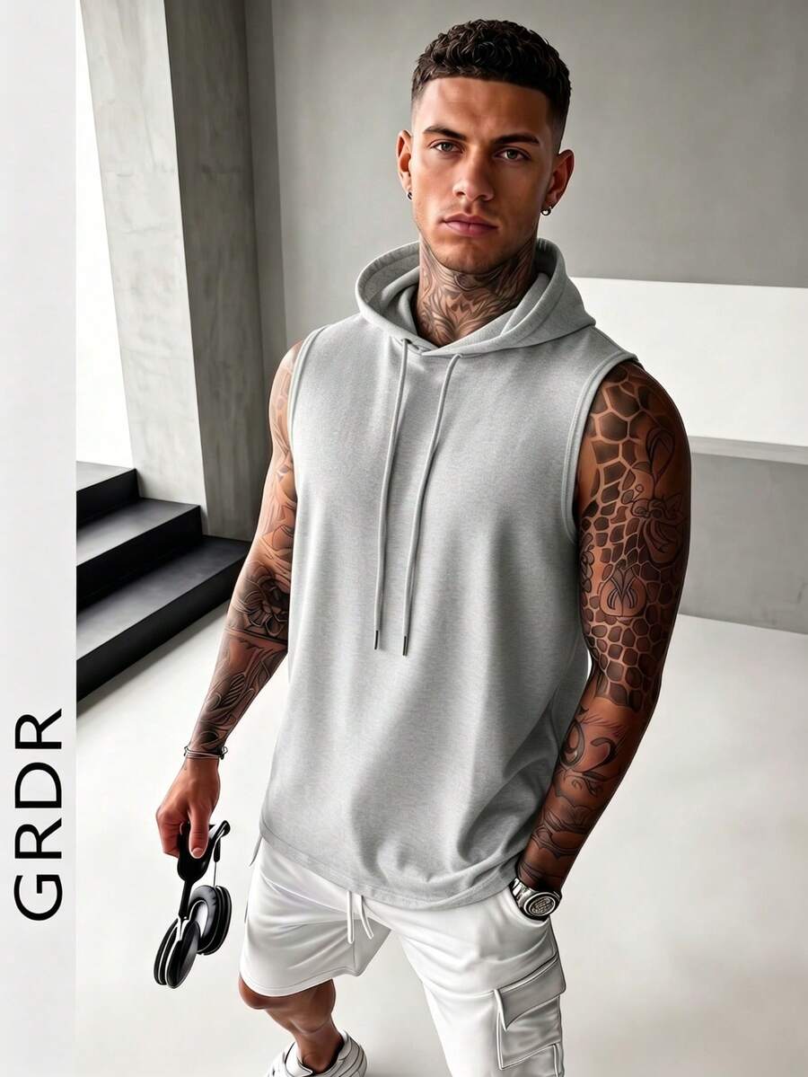 Áo tank top nam GRDR mùa hè có mũ, màu trơn, kiểu dáng thể thao thường ngày, thời trang và tối giản cho trang phục thể thao mùa hè.