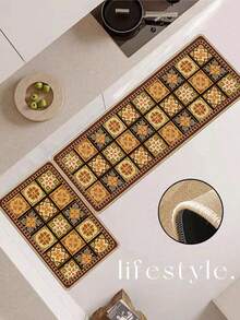 1pc Khaki Floral Tile Pattern Rubber Kitchen Mat, Absorbent And Easy To Clean, Suitable For Kitchen, Bathroom And Other Areas, Suitable For Year-Round Use, Suitable For Various Holidays - Multicolor - View 1