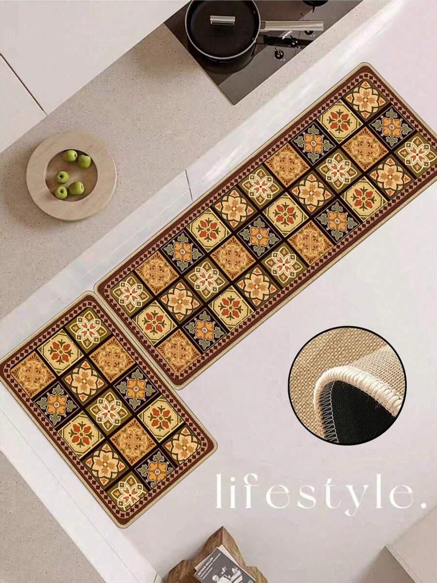1pc Khaki Floral Tile Pattern Rubber Kitchen Mat, Absorbent And Easy To Clean, Suitable For Kitchen, Bathroom And Other Areas, Suitable For Year-Round Use, Suitable For Various Holidays - Multicolor - View 1