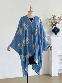 1件優雅花卉圖案波希米亞風刺繡開襟披肩女款和服式圍裙，春夏外穿沙龍，海灘度假防曬抗UV刺繡開襟衫，時尚百搭奢華裝飾，適合日常搭配，禮物首選 - 藍色 - 查看 2