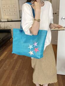 Summer Beach Bag, Straw Woven Large Capacity Women's Handbag, Decorated With Sunflowers And Starfish, Perfect For Beach Vacation, Shopping And Dating - Blue - View 9