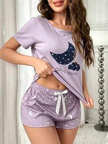 極簡卡通印花短袖上衣與星星印花短褲女款居家服兩件套睡衣 - 紫色 - 查看 2
