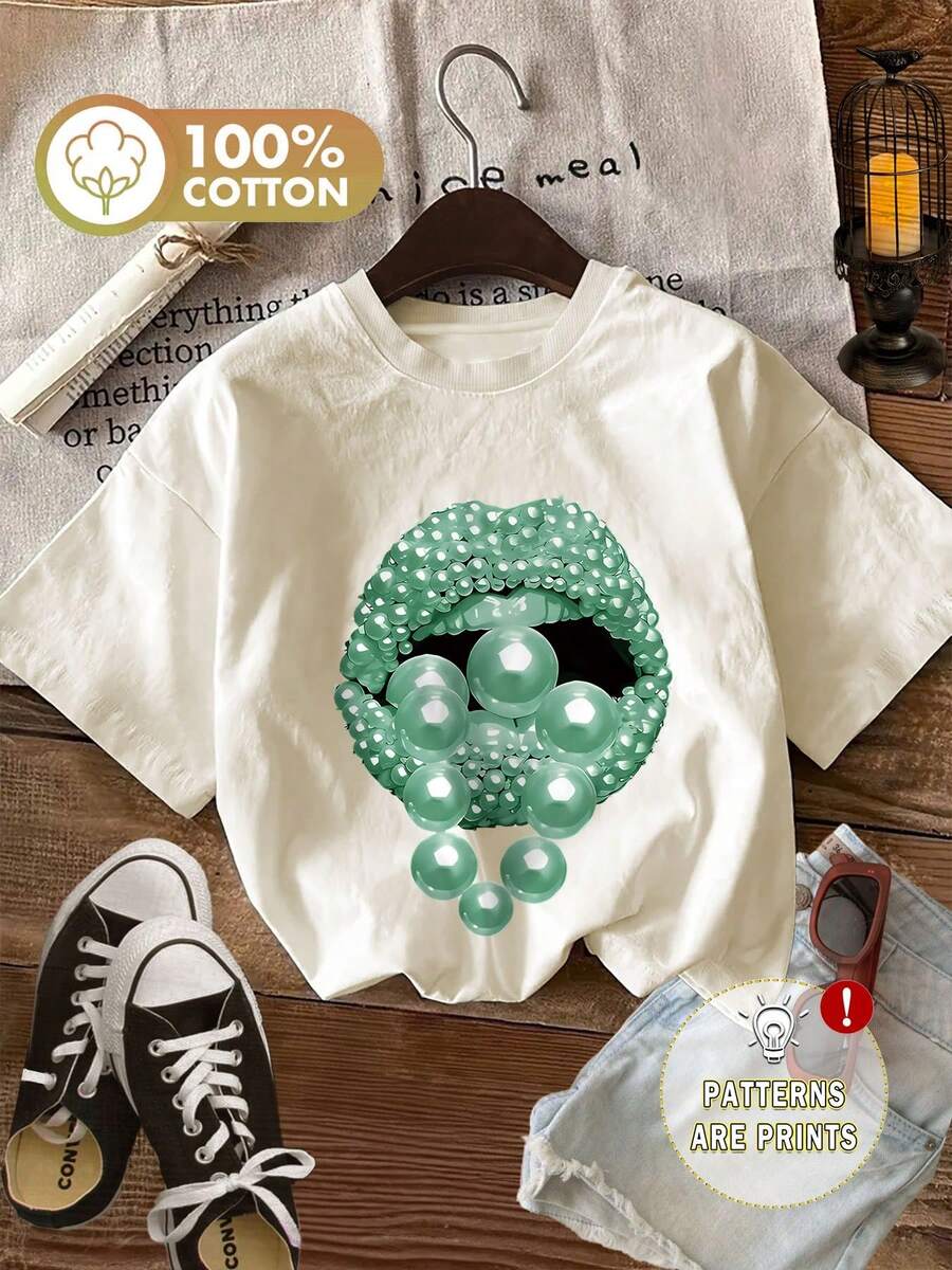Women's 100% Cotton Mint Green Pearl Lip Print Tee, Loose Crew Neck, Summer Casual 4th Of July Outfit - 杏色 - 查看 1