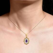 lo de 14K, Collar con Flor, Colgante de Piedras Preciosas y Diamantes Genuinos, Cadena de 18", Amatista 6X4MM, Piedra de Nacimiento de Febrero, Joyería para Mujer, Collares de Oro para Mujer - 1 - Ver 2