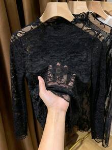 Women's Black Sheer Lace Blouse, A Sexy Yet Elegant Street Style Top, Slim Fit For Everyday Wear. - Black - View 5