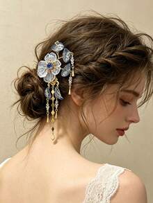 1pc Gradient Blue Glazed Floral Tassel U-Shaped Hair Pin, Crystal Bridal Hair Accessory, Suitable For Daily, Beach, Wedding And Party - Multicolor - View 7