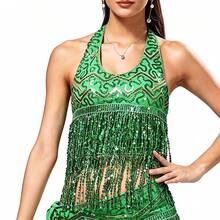 1 pieza Top de sujetador halter hecho a mano con lentejuelas y flecos con cordones, top corto de danza del vientre para mujer, atuendo estilo sari bohemio, disfraz retro para festival, rave, fiesta, discoteca, playa, ropa exótica, accesorios de playa para mujer - Multicolor - Ver 12