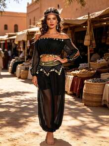 Belly Dance Performance Costume Off-Shoulder Chiffon Top + Coin Harem Pants, Handmade Style Festival Outfit Suitable For Fusion, Exotic Theme Events And Renaissance Fairs (Multiple Colors Available) - Multicolor - View 11