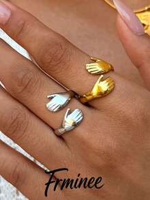 Frminee 2pcs/1pc 18K Gold Plated Stainless Steel Adjustable Hug Open Ring, Suitable Gift For Women And Couples - Multicolor - View 2