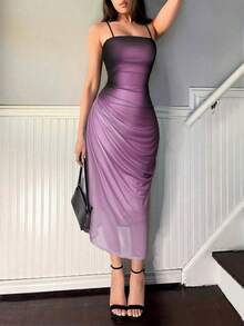 VZKX Nuevo 2026: Vestido elegante de corte imperio con diseño plisado en degradado, perfecto para la temporada de calor - Morado - Ver 10