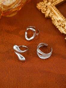 RAYQUEEN 3pcs/Set Fashion Stainless Steel Polished Water Drop Hollow Asymmetric Rings Gift Jewelry Suitable For Women Daily Wear - Steel - View 4