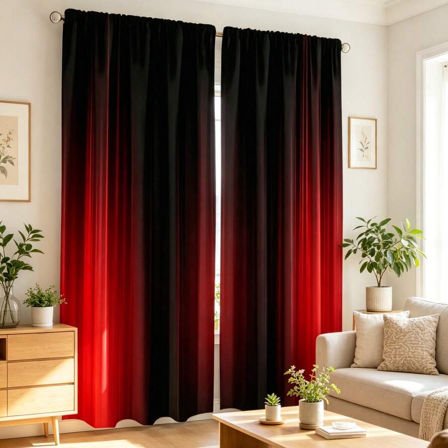 2pcs Modern Black And Red Color Block Curtains - Stylish Grommet Top Design, Sheer Curtains, Machine Washable Polyester, Suitable For Living Room, Bedroom, Kitchen, Curtain, Sheer