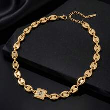 1pc Vintage Glamorous 18K Gold Plated Zirconia Square Pig Nose Pendant Necklace, Unisex, Suitable For Daily Wear And Party - Gold - View 1