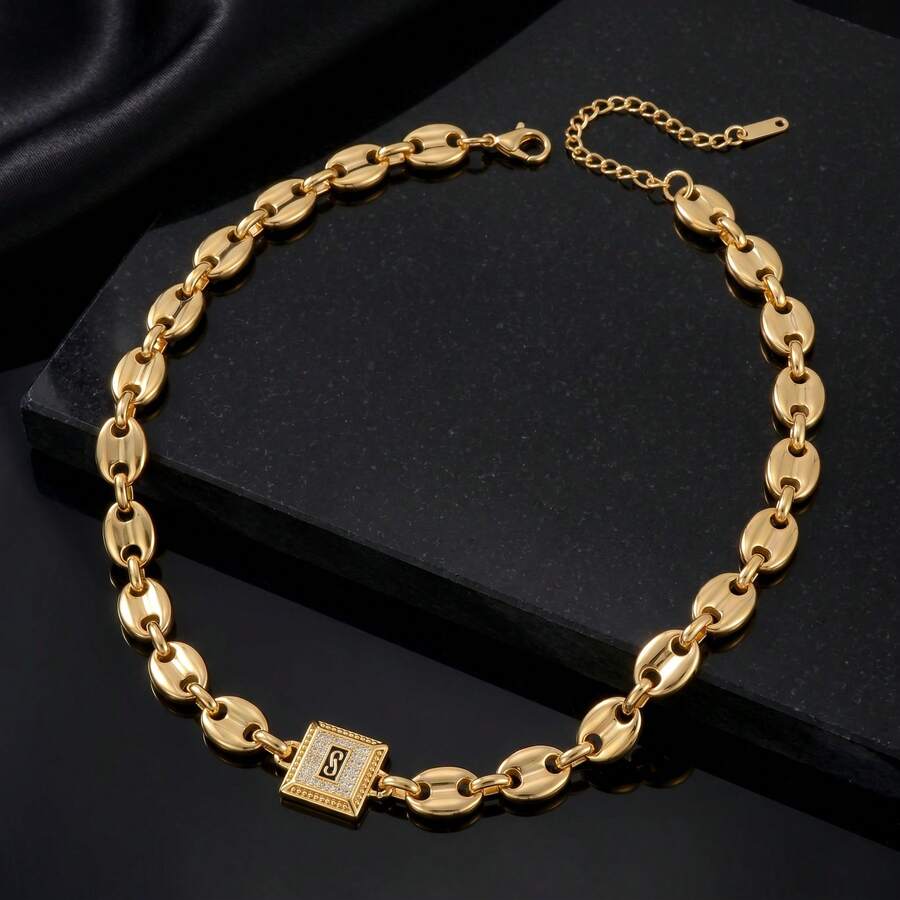 1pc Vintage Glamorous 18K Gold Plated Zirconia Square Pig Nose Pendant Necklace, Unisex, Suitable For Daily Wear And Party - Gold - View 1