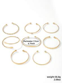 8pcs Minimalist Gold Women's Open Bangle Bracelet Set, Vintage Stackable Twisted Rope Engraved Rhinestone Bracelets, Everyday Layering Jewelry Gift - 8pcs/set - View 3