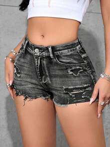 PETITE Women's Fashion Versatile Frayed Ripped Pocket Button Denim Shorts - Lavado ligero - Ver 9