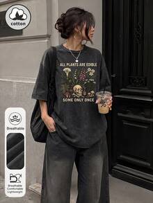 大码女式日常纯棉花园植物和骷髅图案圆领短袖复古夏季女式黑色水洗T恤休闲款 - 黑色 - 查看 1