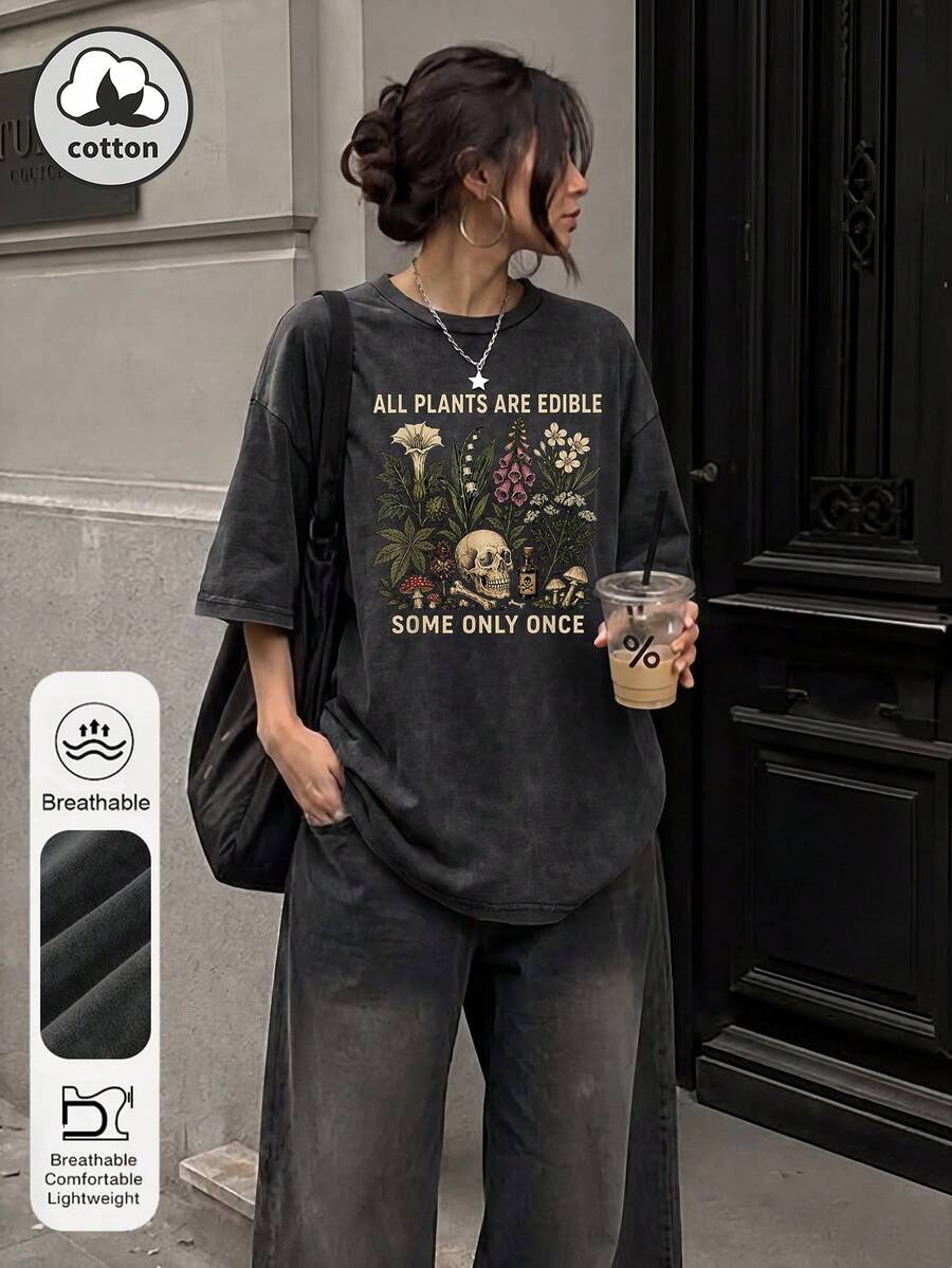 大码女式日常纯棉花园植物和骷髅图案圆领短袖复古夏季女式黑色水洗T恤休闲款 - 黑色 - 查看 1