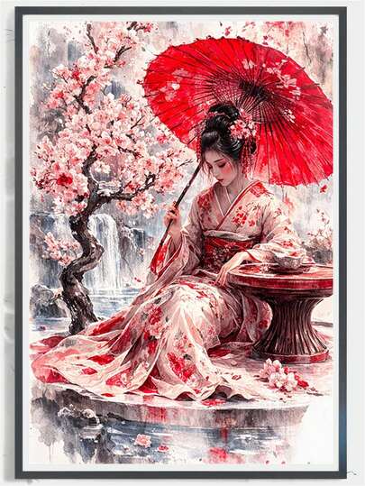 1pc Diamond Painting Kit, Vintage Sakura Lady Diamond Art, Handmade Rhinestone Decor Painting, Japanese Kimono Beauty Landscape Painting For Living Room, Bedroom, Entryway, Adult Stress Relief DIY Diamond Kit
